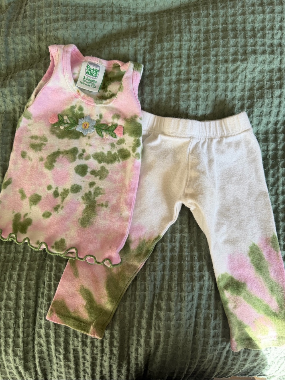 VTG Pickle Juice Tie Dye Pink Green Floral Outfit Set 3-6M Made in USA